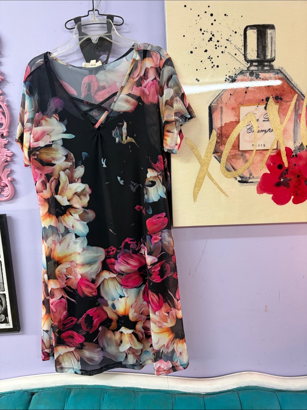 Rebellion Black Floral Shift Dress with Pink and Cream Blooms